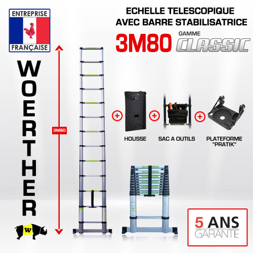 Echelle télescopique 3m80 avec barre stabilisatrice - Gamme classique