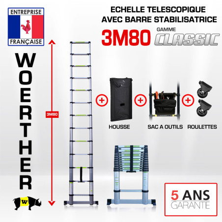 Echelle télescopique 3m80 avec barre stabilisatrice - Gamme classique