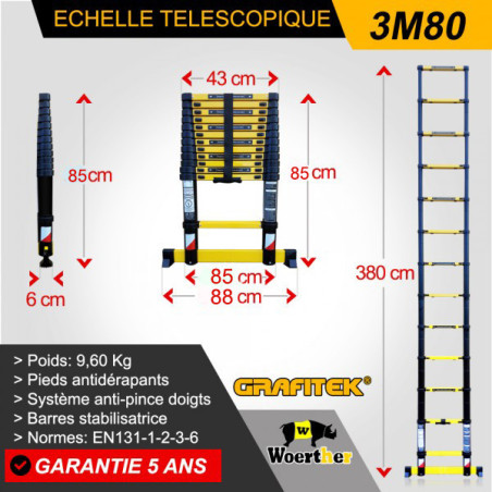 3M80 GRAFITEK 3M80 Ladder telescópica - Compacto, ligero y fácil de almacenar, 5 años de garantía