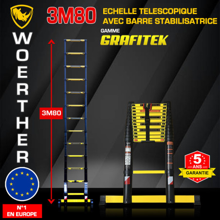Échelle télescopique 3m80 Grafitek – Compacte, légère et facile à ranger, garantie 5 ans