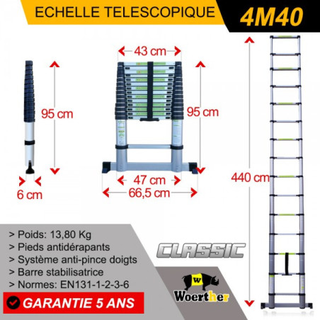 Ladera telescópica de 4m40 con barra estabilizadora - Caja clásica
