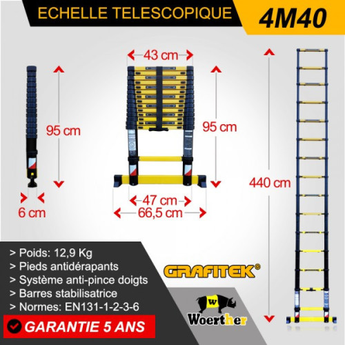 Ladder Tencopic 4m40 Grafitek - Compatto, leggero e facile da archiviare, 5 anni di garanzia