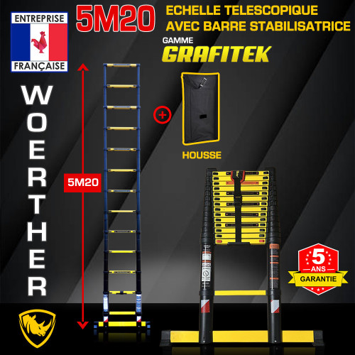 Échelle télescopique 5m20 Grafitek – Compacte, légère et facile à ranger, garantie 5 ans