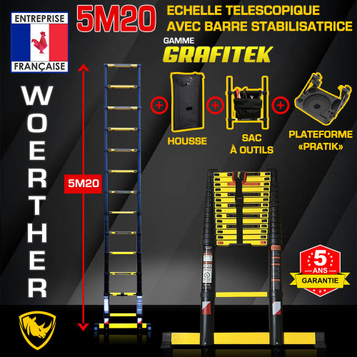 Échelle télescopique 5m20 Grafitek – Compacte, légère et facile à ranger, garantie 5 ans