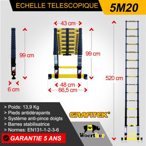 Scaletta telescopica 5m20 Grafitek - Compatta, leggera e facile da archiviare, garanzia di 5 anni