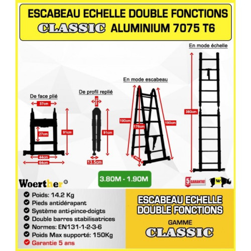 Escabeau télescopique 3m80-1M90 avec barre stabilisatrice - Gamme classique