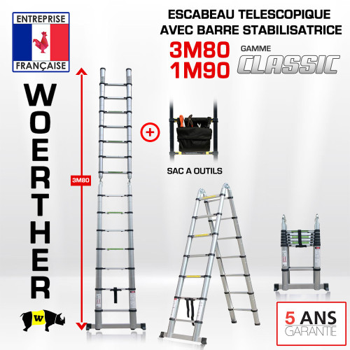 Sgabello telescopico 3m80-1m90 con barra stabilizzatrice - Gamma classica