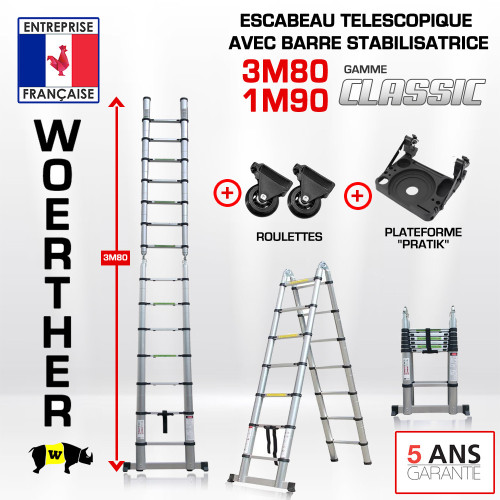 Sgabello telescopico 3m80-1m90 con barra stabilizzatrice - Gamma classica