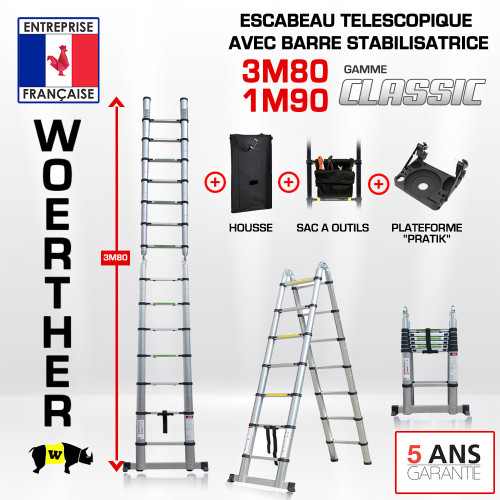 Escabeau télescopique 3m80-1M90 avec barre stabilisatrice - Gamme classique