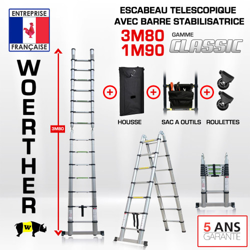 Escabeau télescopique 3m80-1M90 avec barre stabilisatrice - Gamme classique