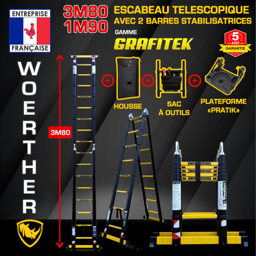 Escabeau télescopique 3m80-1M90 avec double barres stabilisatrices - Gamme GRAFITEK