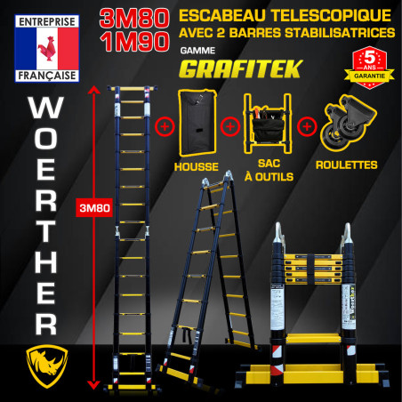 Escabeau télescopique 3m80-1M90 avec double barres stabilisatrices - Gamme GRAFITEK