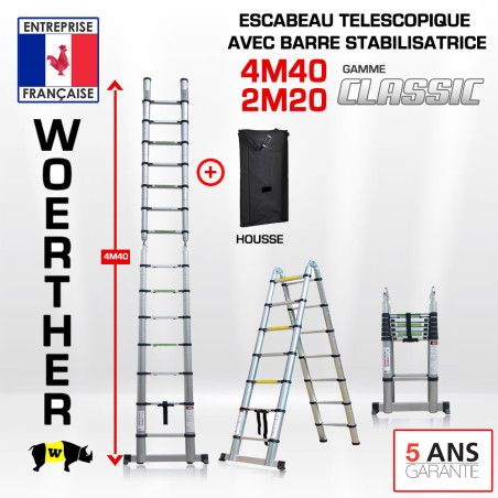 Escabeau télescopique 4m40-2M20 avec barre stabilisatrice - Gamme classique