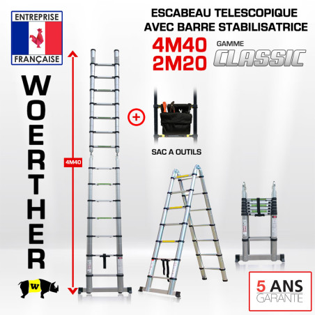 Escabeau télescopique 4m40-2M20 avec barre stabilisatrice - Gamme classique