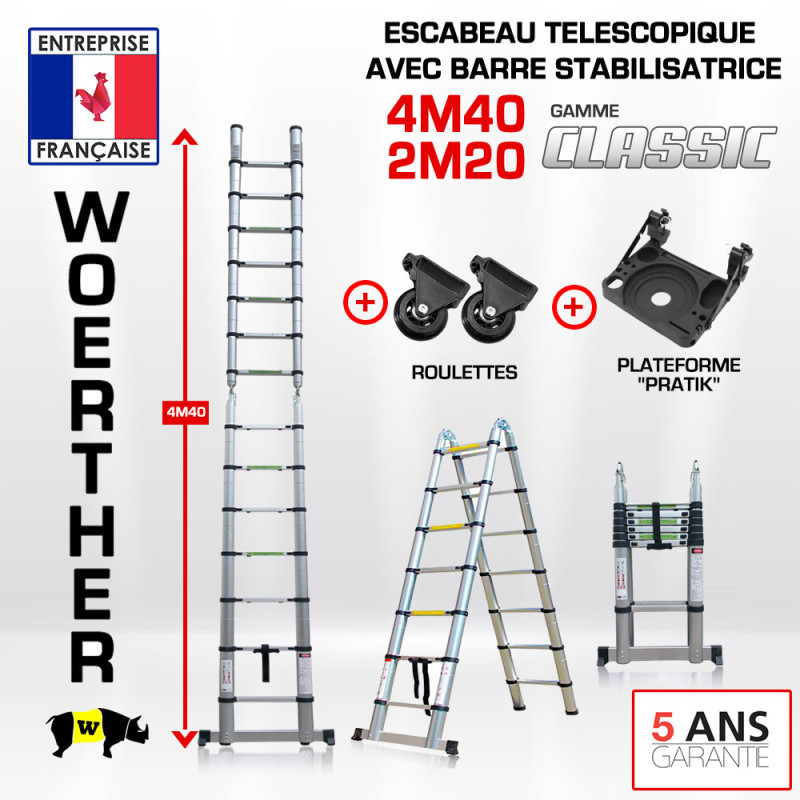 Escabeau télescopique 4m40-2M20 avec barre stabilisatrice - Gamme classique