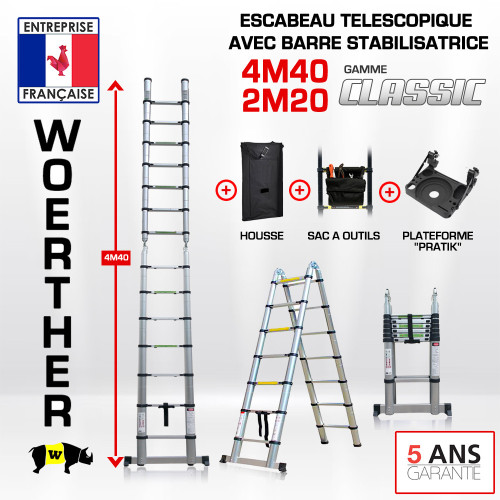 Escabeau télescopique 4m40-2M20 avec barre stabilisatrice - Gamme classique