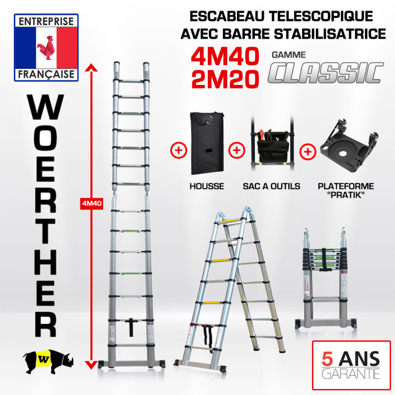 Escabeau télescopique 4m40-2M20 avec barre stabilisatrice - Gamme classique