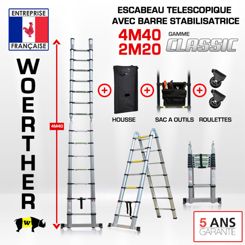 Escabeau télescopique 4m40-2M20 avec barre stabilisatrice - Gamme classique