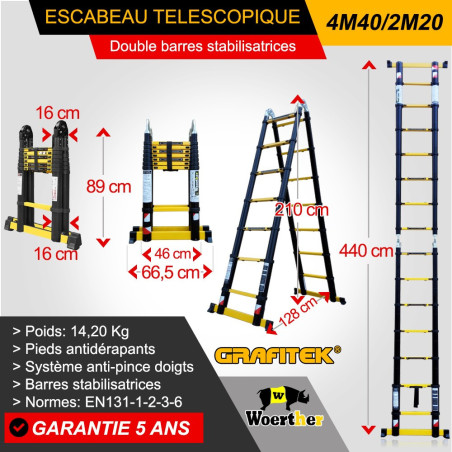 Sgabello telescopico 4M40-2M20 con doppia barra di stabilizzazione- Gamma Grafitek