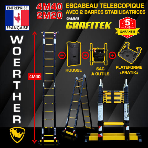 Escabeau télescopique 4m40-2M20 avec double barres stabilisatrices- Gamme GRAFITEK