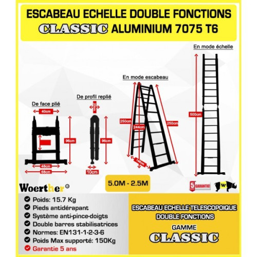 Escabeau télescopique 5m-2M50 avec barre stabilisatrice - Gamme classique
