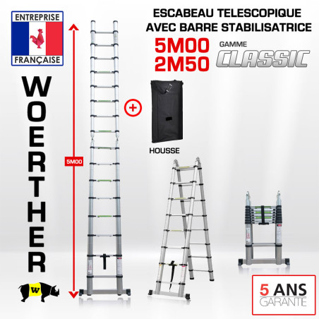 Escabeau télescopique 5m-2M50 avec barre stabilisatrice - Gamme classique