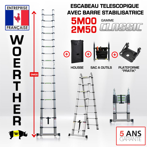 Sgabello telescopico 5m-2m50 con barra di stabilizzatore - Gamma classica