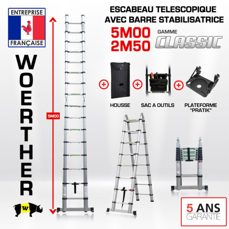 Escabeau télescopique 5m-2M50 avec barre stabilisatrice - Gamme classique