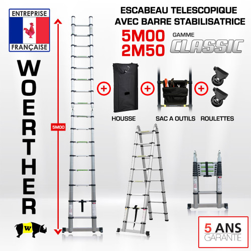 Sgabello telescopico 5m-2m50 con barra di stabilizzatore - Gamma classica