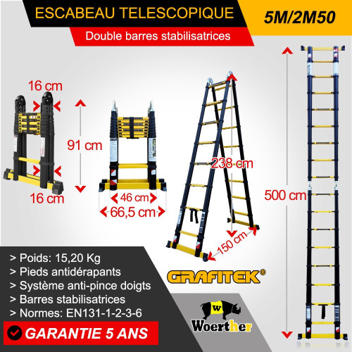 Taburete telescópico de 5m-2m50 con barras de estabilización doble - Grafitek Range