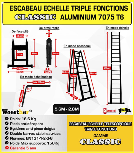 Escabeau télescopique 5m60-2M80 avec barre stabilisatrice - Gamme classique
