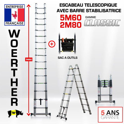 Escabeau télescopique 5m60-2M80 avec barre stabilisatrice - Gamme classique