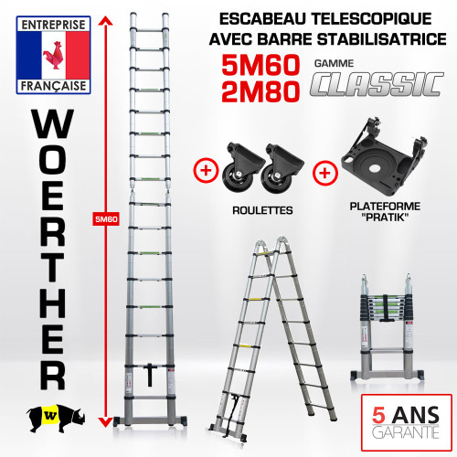 Sgabello telescopico 5m60-2m80 con barra stabilizzatore - Gamma classica