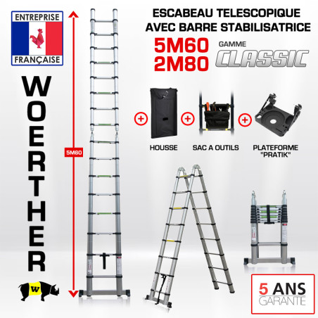 Escabeau télescopique 5m60-2M80 avec barre stabilisatrice - Gamme classique