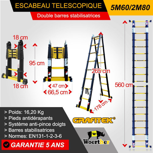 Taburete telescópico 5m60-2m80 con barras de estabilización doble - Grafitek Range