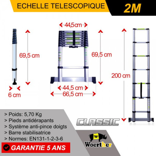 Echelle télescopique 2m avec barre stabilisatrice - Gamme classique