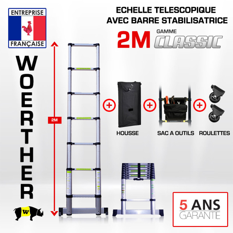 Echelle télescopique 2m avec barre stabilisatrice - Gamme classique