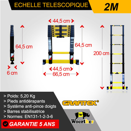 Escalera telescópica de 2 m con barra estabilizadora - gama GRAFITEK
